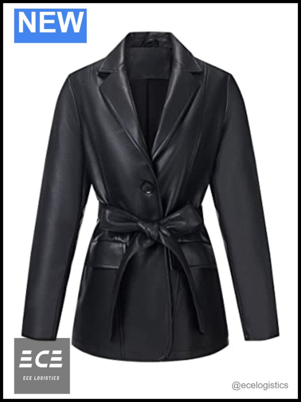 Women Faux Leather Blazer Jacket Belted Single Breasted Coat